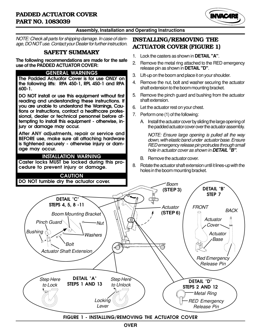 Invacare RPL450-1, RPA600-1, RPA450-1 operating instructions Safety Summary, General Warnings, Installation Warning 