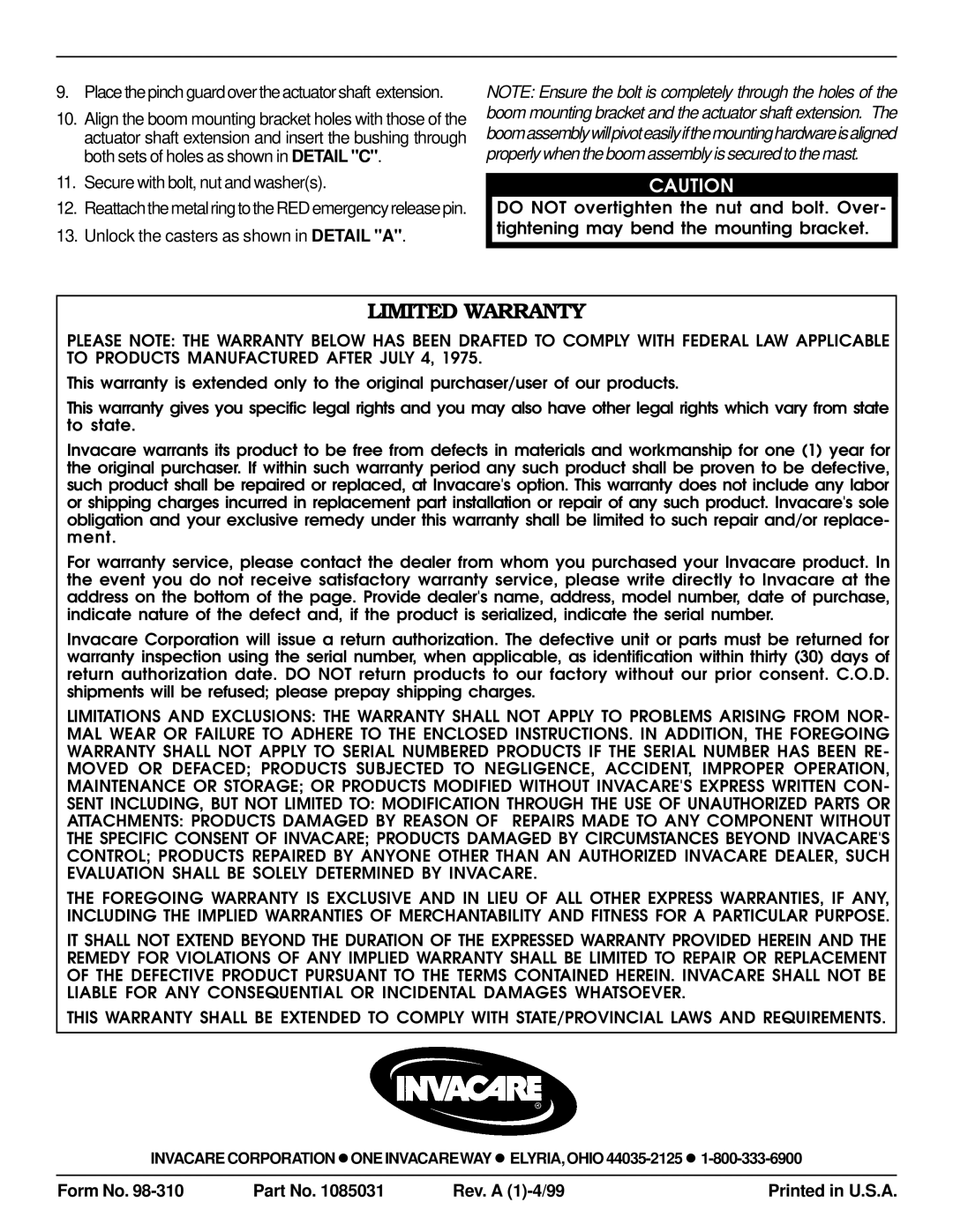 Invacare RPA450-1, RPA600-1, RPL450-1 operating instructions Limited Warranty 