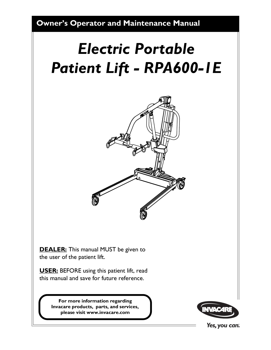 Invacare manual Electric Portable Patient Lift RPA600-1E 