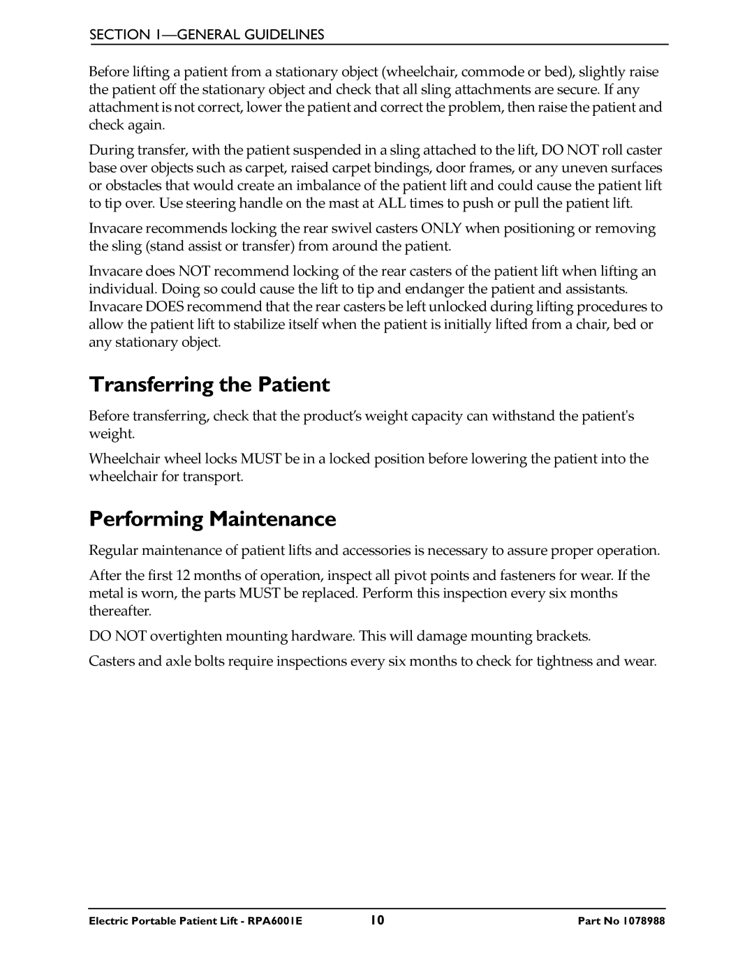 Invacare RPA600-1E manual Transferring the Patient, Performing Maintenance 