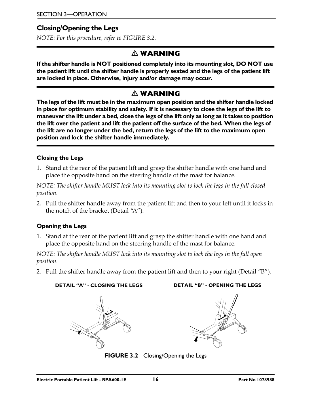 Invacare RPA600-1E manual Closing/Opening the Legs 