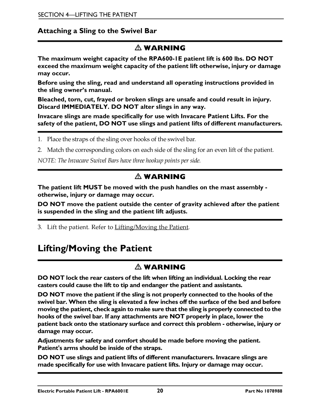 Invacare RPA600-1E manual Lifting/Moving the Patient, Attaching a Sling to the Swivel Bar 