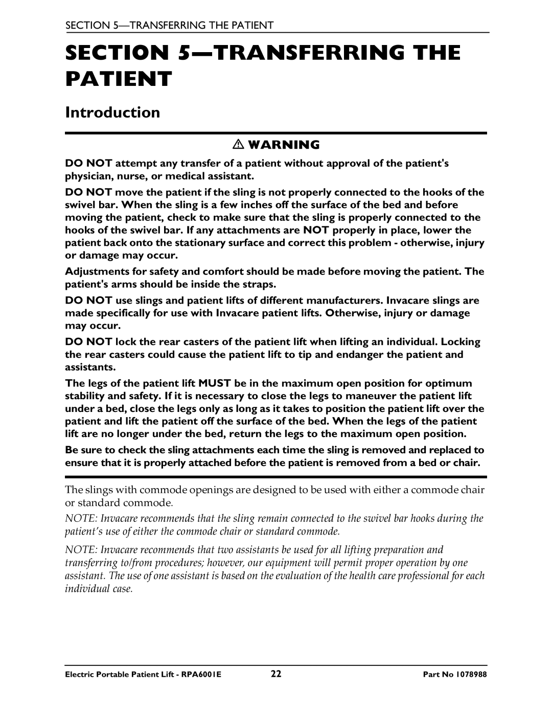 Invacare RPA600-1E manual Transferring the Patient, Introduction 