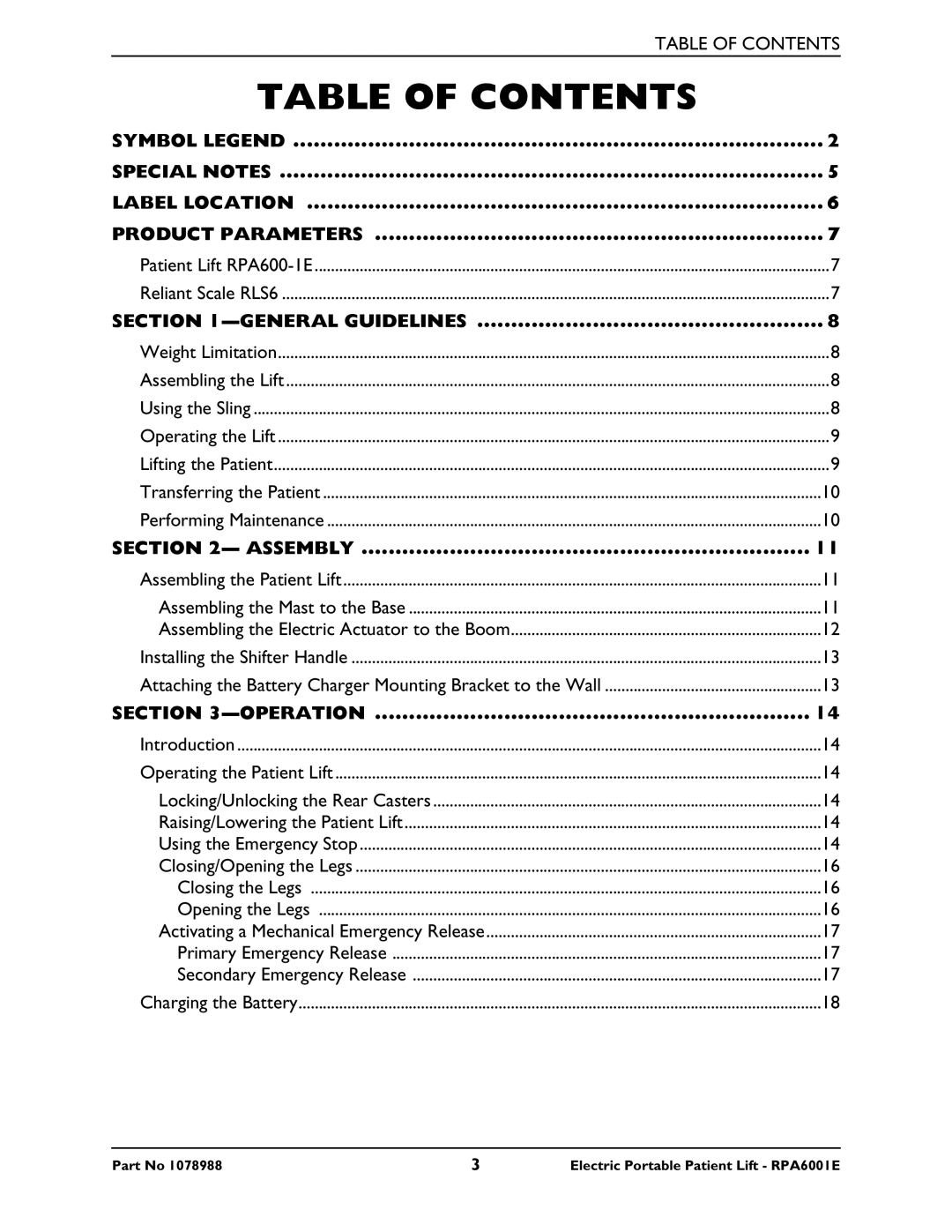 Invacare RPA600-1E manual Table of Contents 