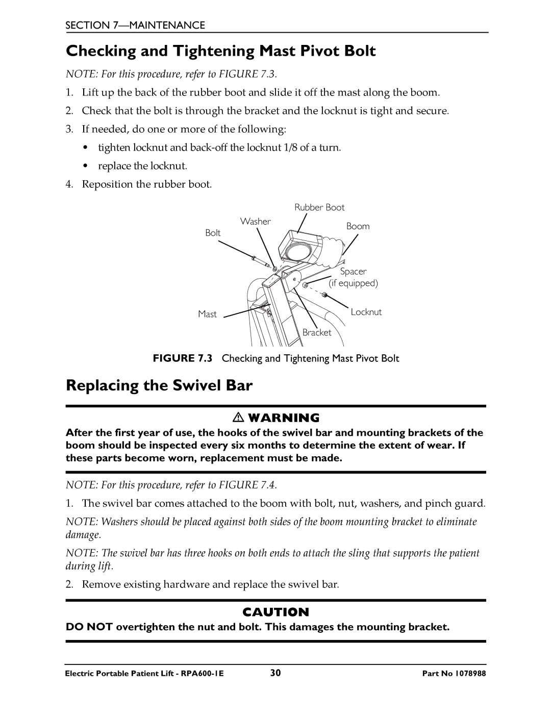 Invacare RPA600-1E manual Checking and Tightening Mast Pivot Bolt, Replacing the Swivel Bar 