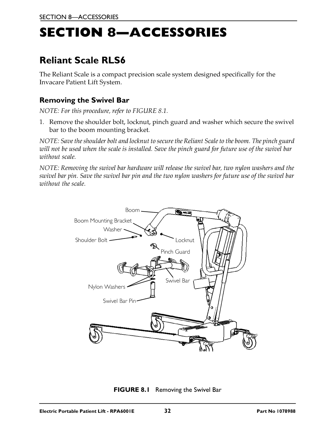 Invacare RPA600-1E manual Accessories, Removing the Swivel Bar 