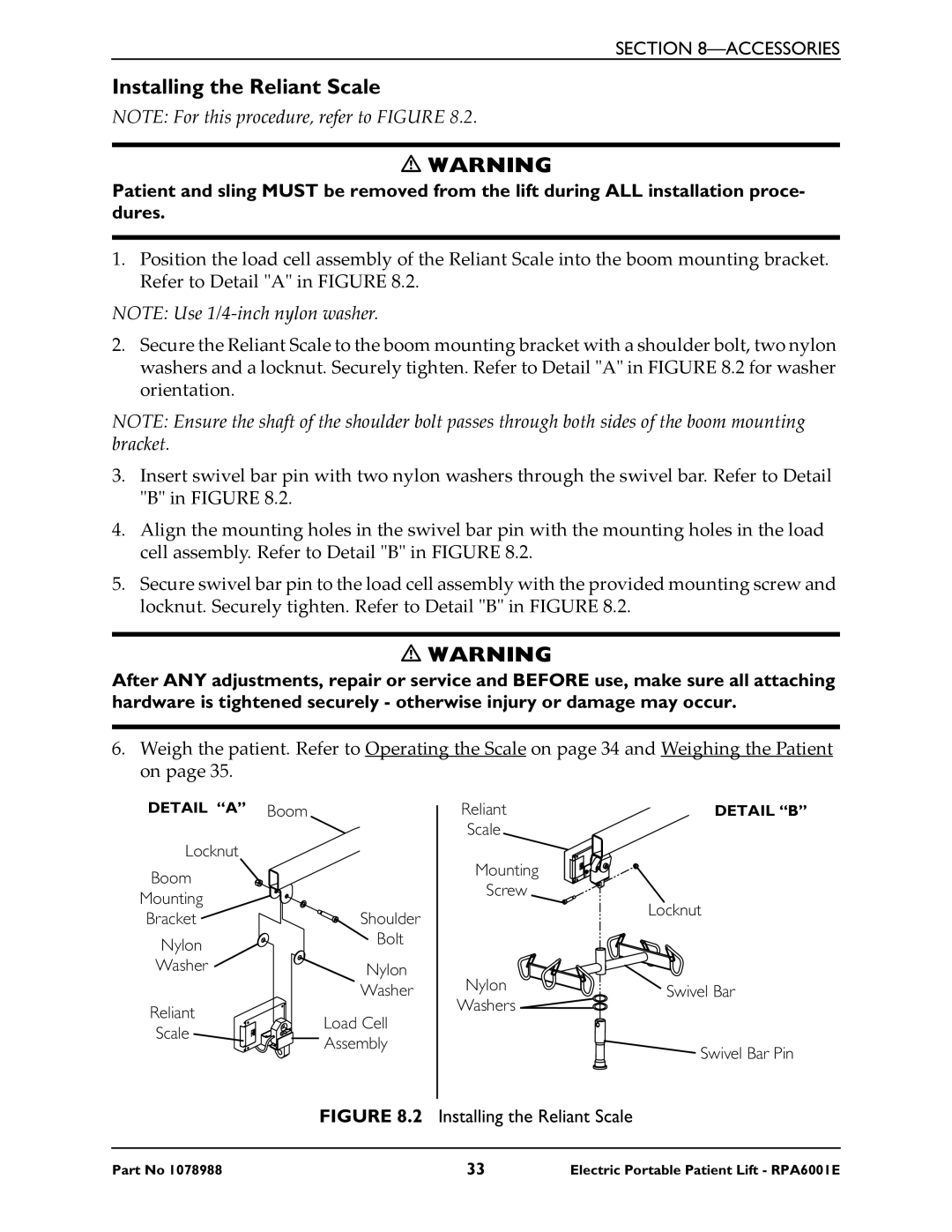 Invacare RPA600-1E manual Installing the Reliant Scale 