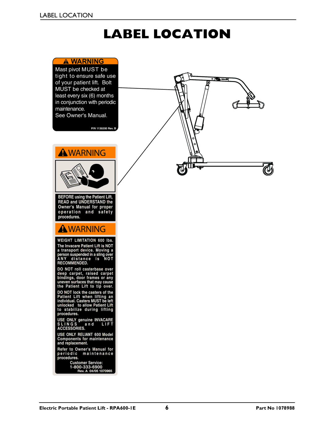 Invacare RPA600-1E manual Label Location 