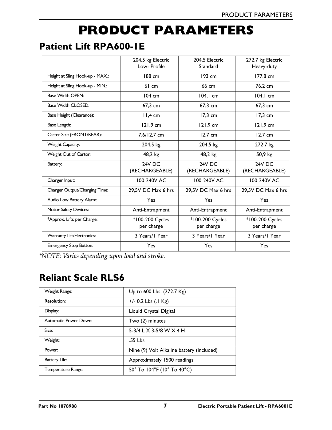 Invacare manual Product Parameters, Patient Lift RPA600-1E, Reliant Scale RLS6 