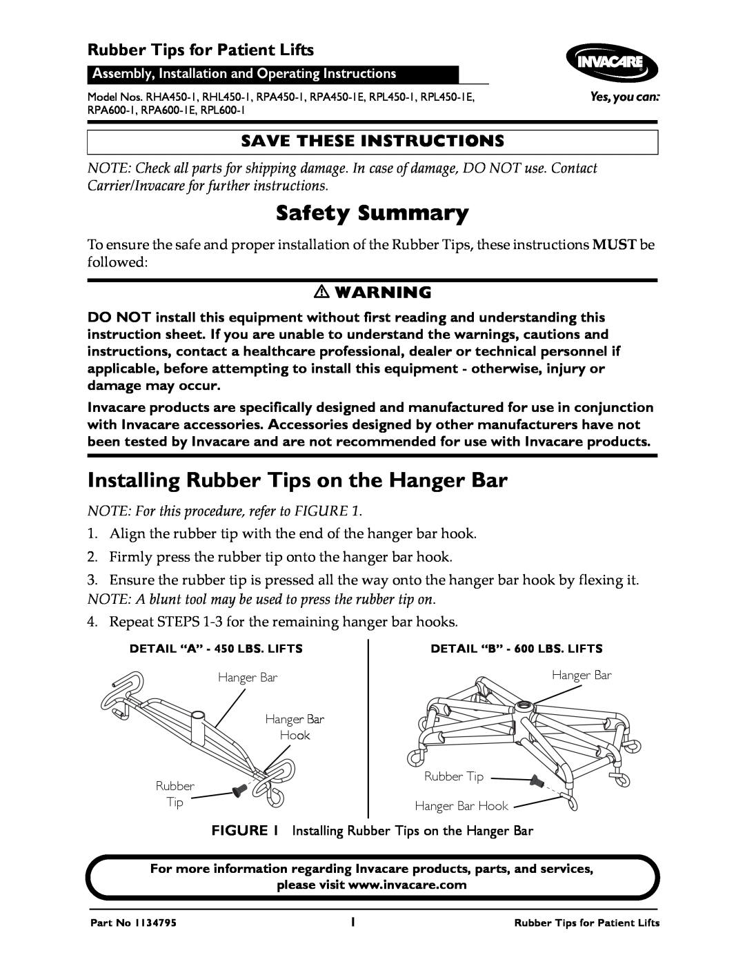 Invacare RHL450-1 instruction sheet Safety Summary, Installing Rubber Tips on the Hanger Bar, Save These Instructions 
