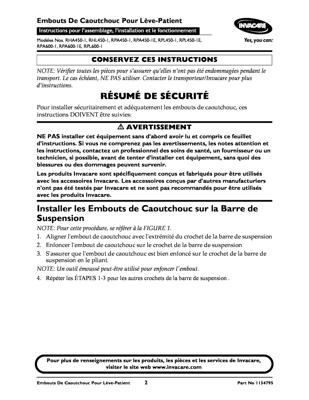 Invacare RHA450-1 Résumé De Sécurité, Installer les Embouts de Caoutchouc sur la Barre de Suspension, Avertissement 