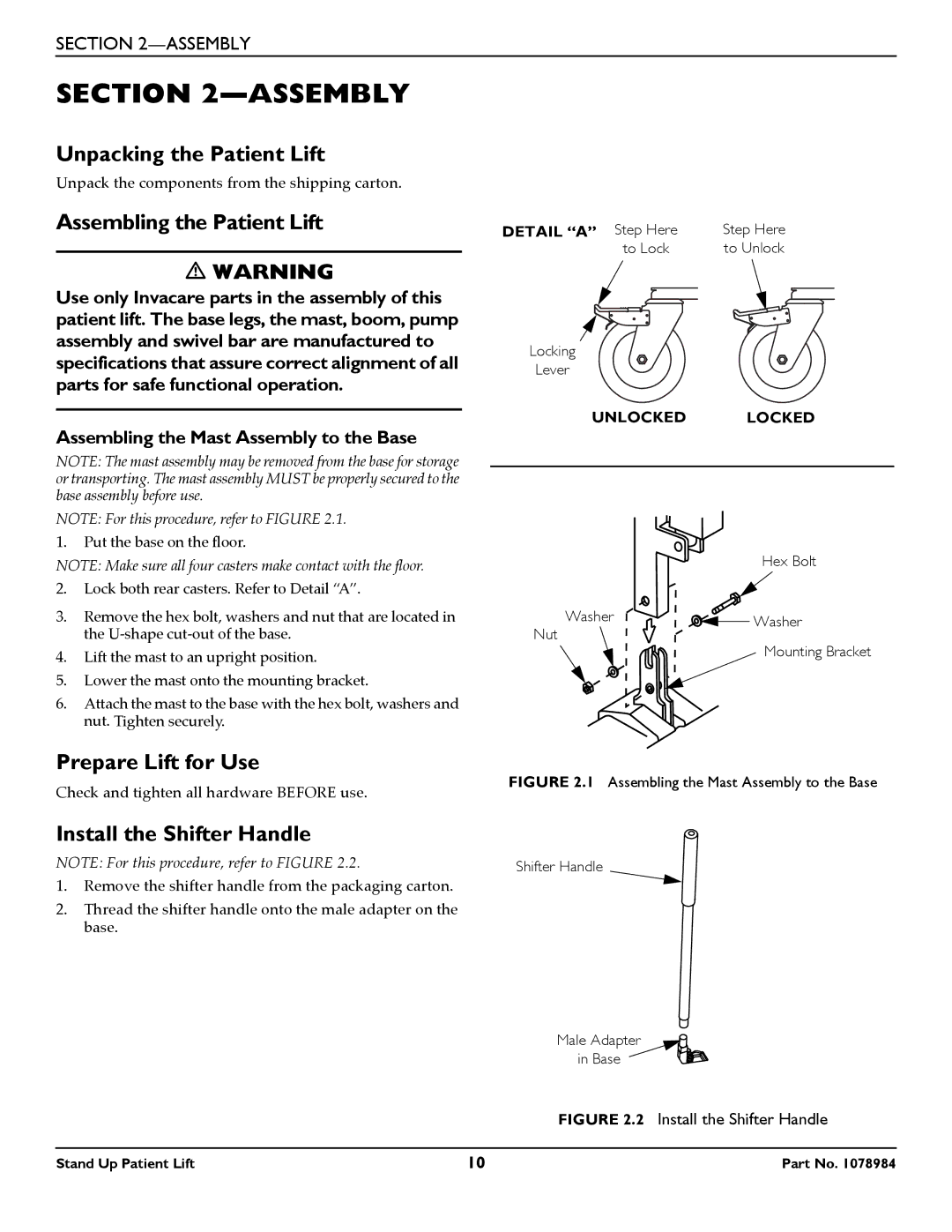 Invacare RPS350-1 user manual Assembly, Unpacking the Patient Lift, Assembling the Patient Lift, Prepare Lift for Use 