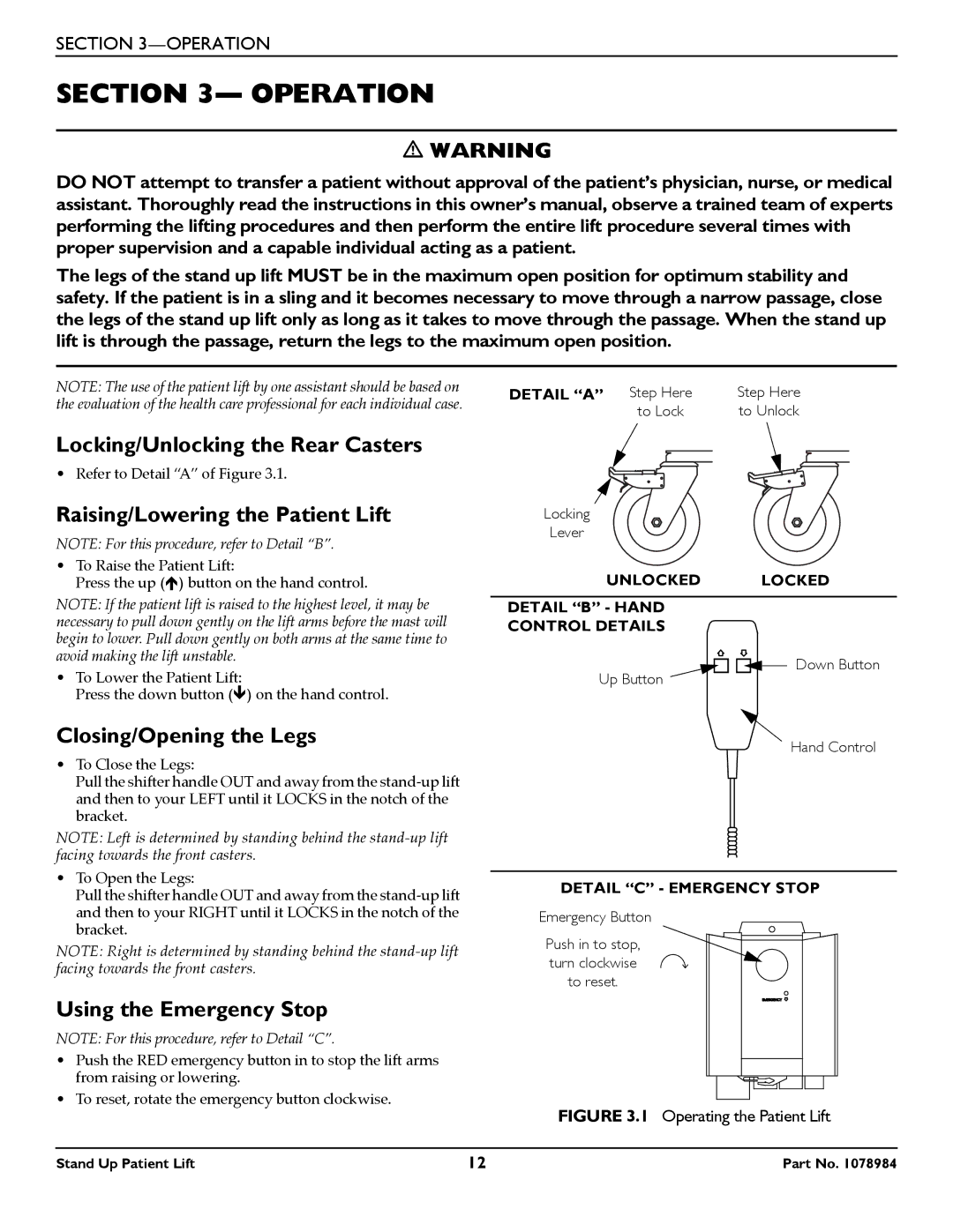 Invacare RPS350-1 user manual Operation, Locking/Unlocking the Rear Casters, Raising/Lowering the Patient Lift 