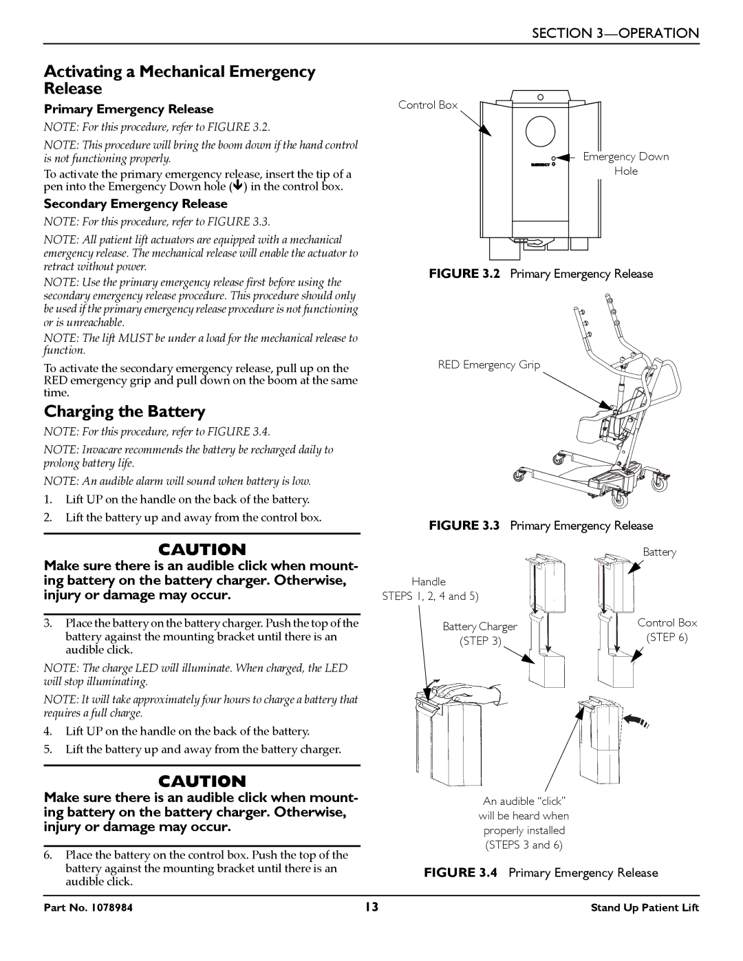 Invacare RPS350-1 user manual Activating a Mechanical Emergency Release, Charging the Battery 