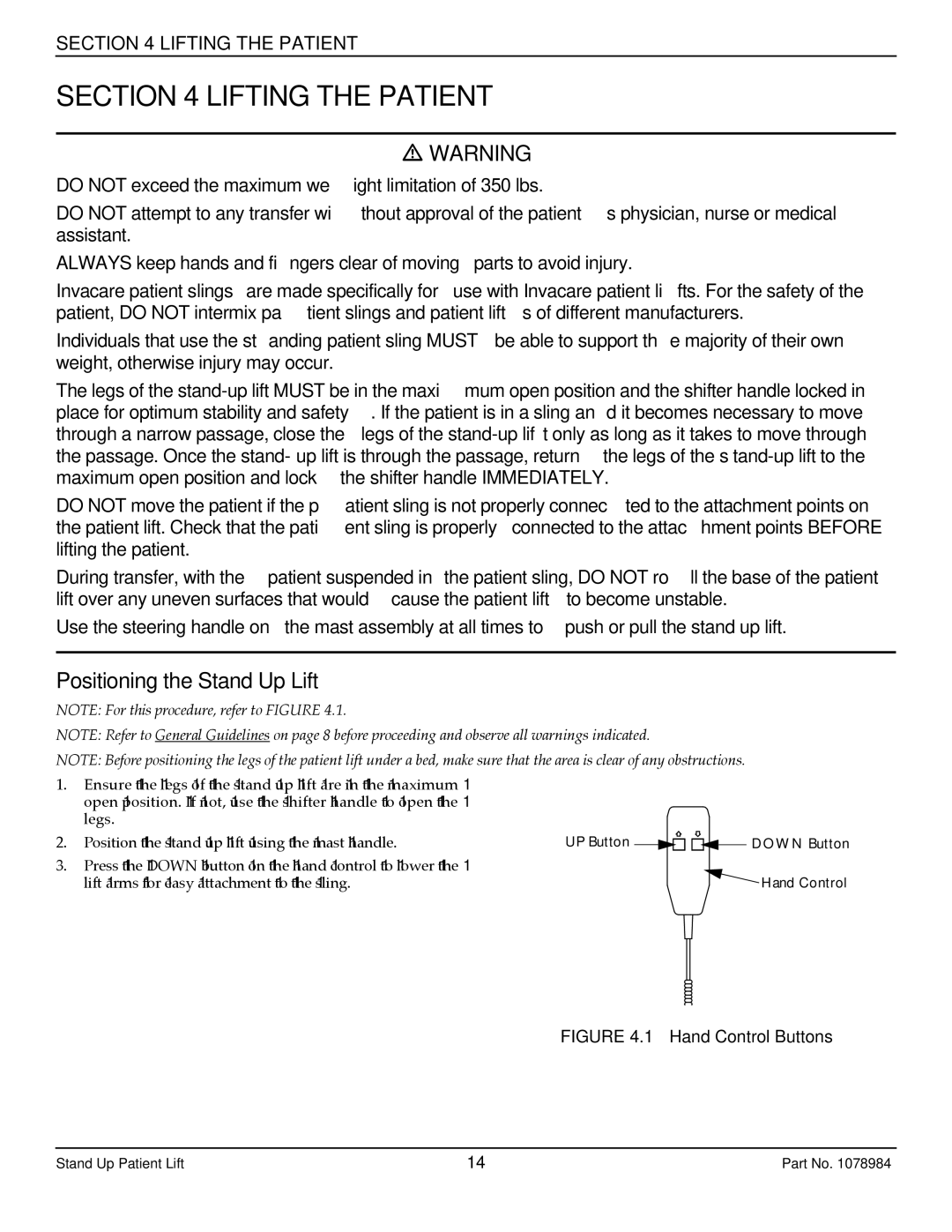 Invacare RPS350-1 user manual Lifting the Patient, Positioning the Stand Up Lift 