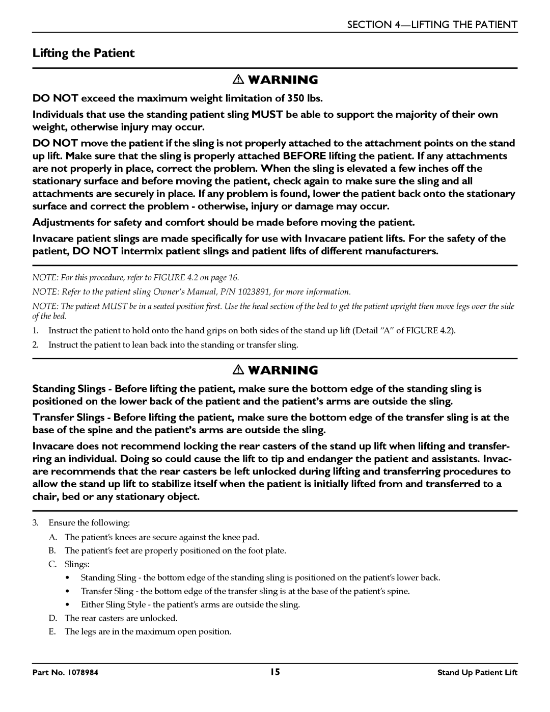 Invacare RPS350-1 user manual Lifting the Patient 