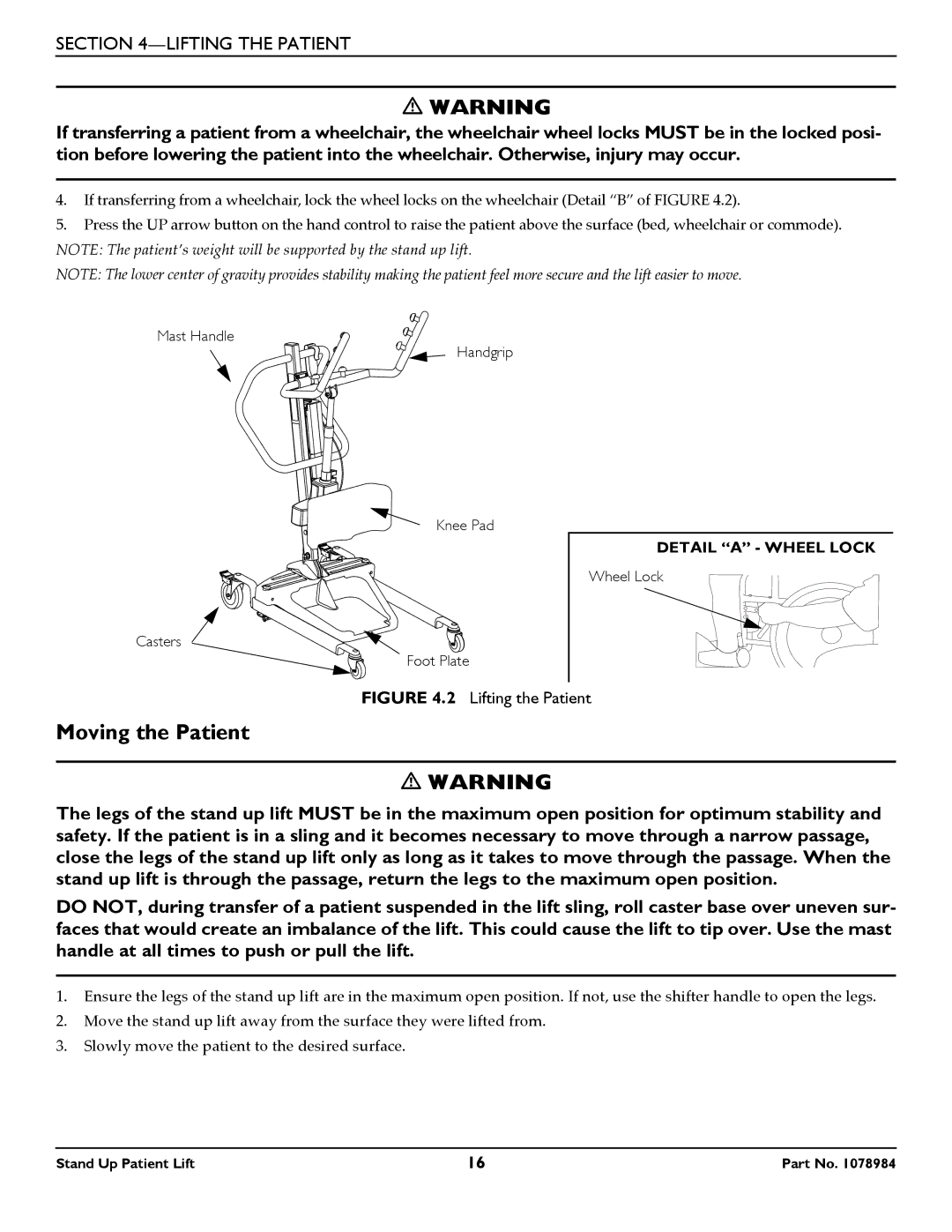 Invacare RPS350-1 user manual Moving the Patient, Lifting the Patient 