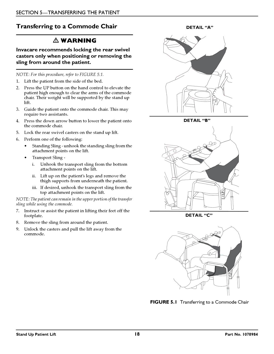 Invacare RPS350-1 user manual Transferring to a Commode Chair 