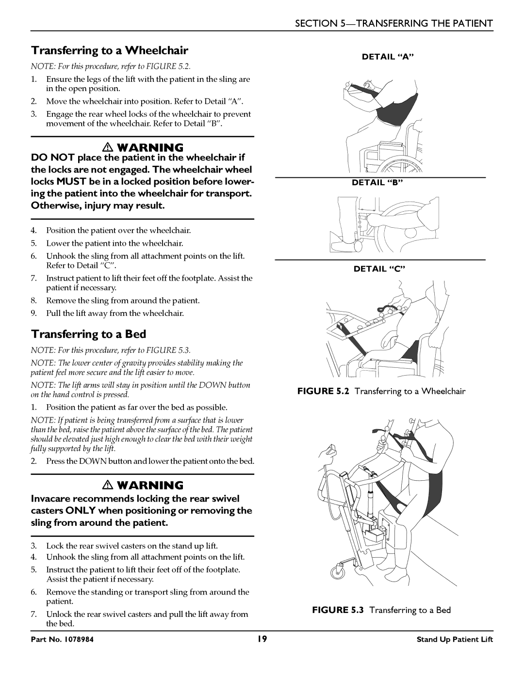 Invacare RPS350-1 user manual Transferring to a Wheelchair, Transferring to a Bed 