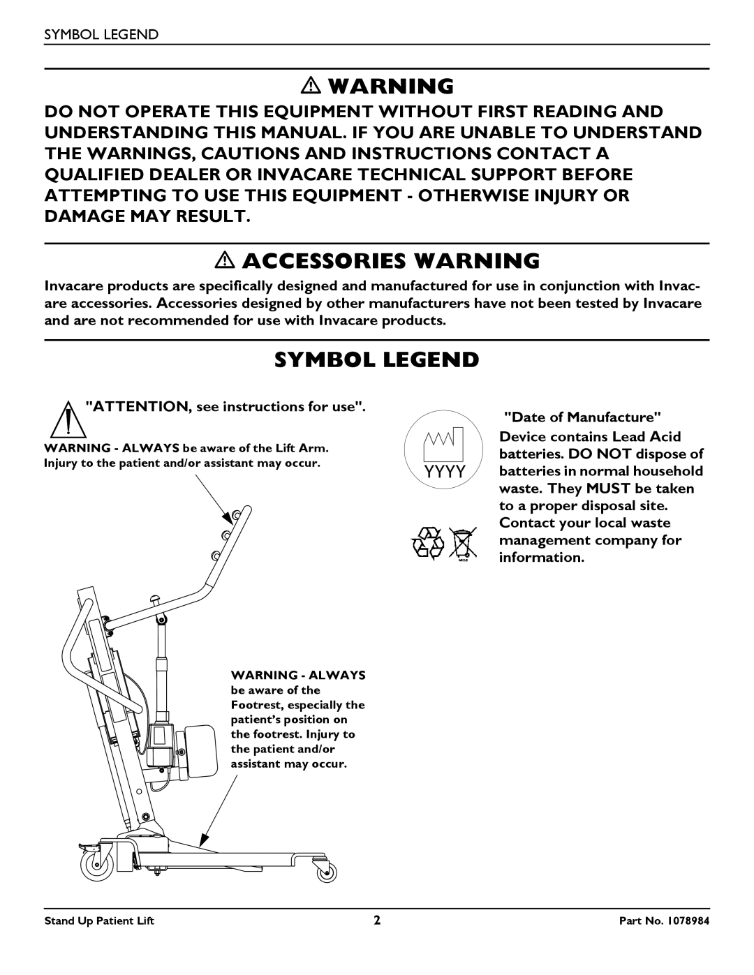 Invacare RPS350-1 user manual Accessories Warning, Symbol Legend 