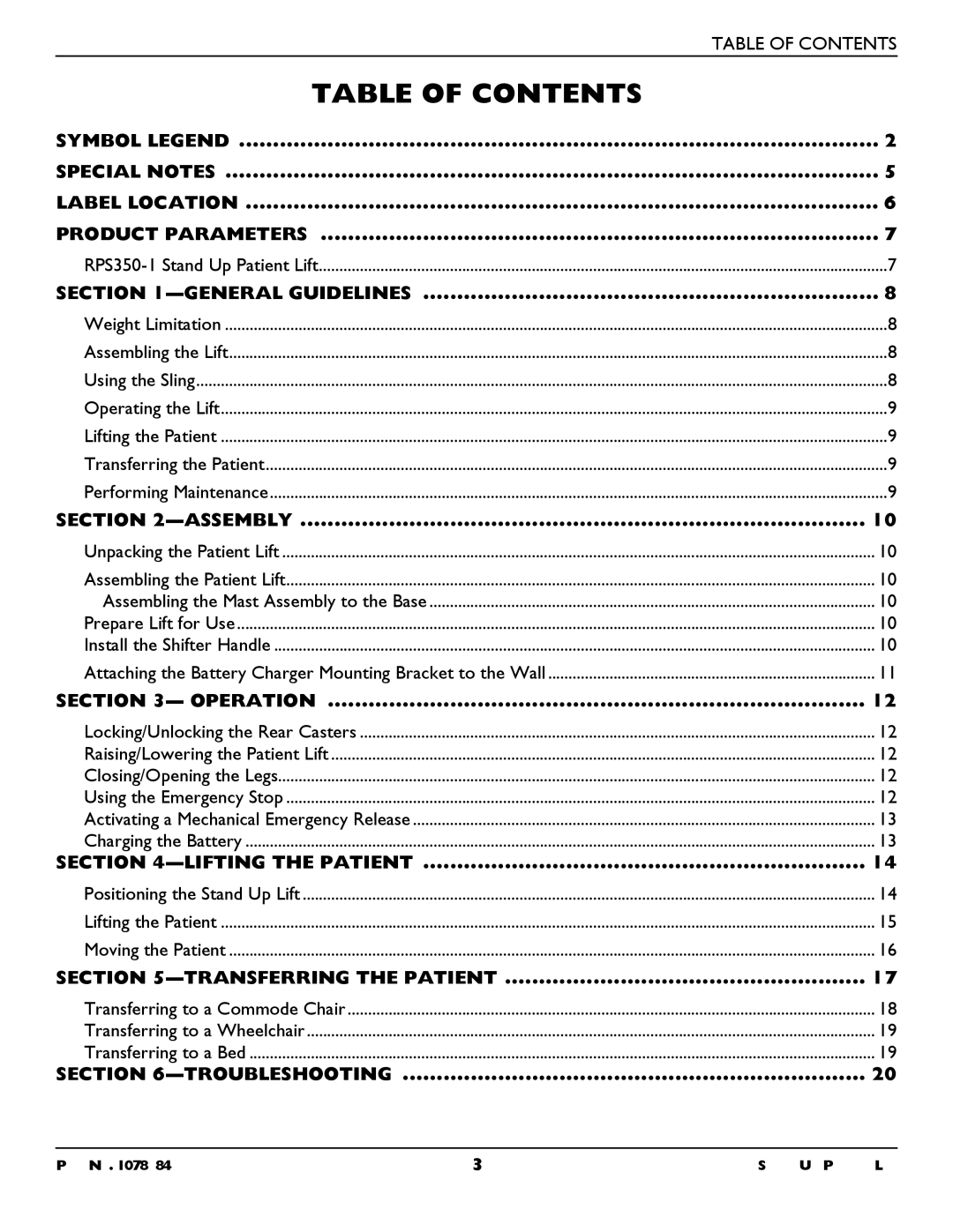 Invacare RPS350-1 user manual Table of Contents 