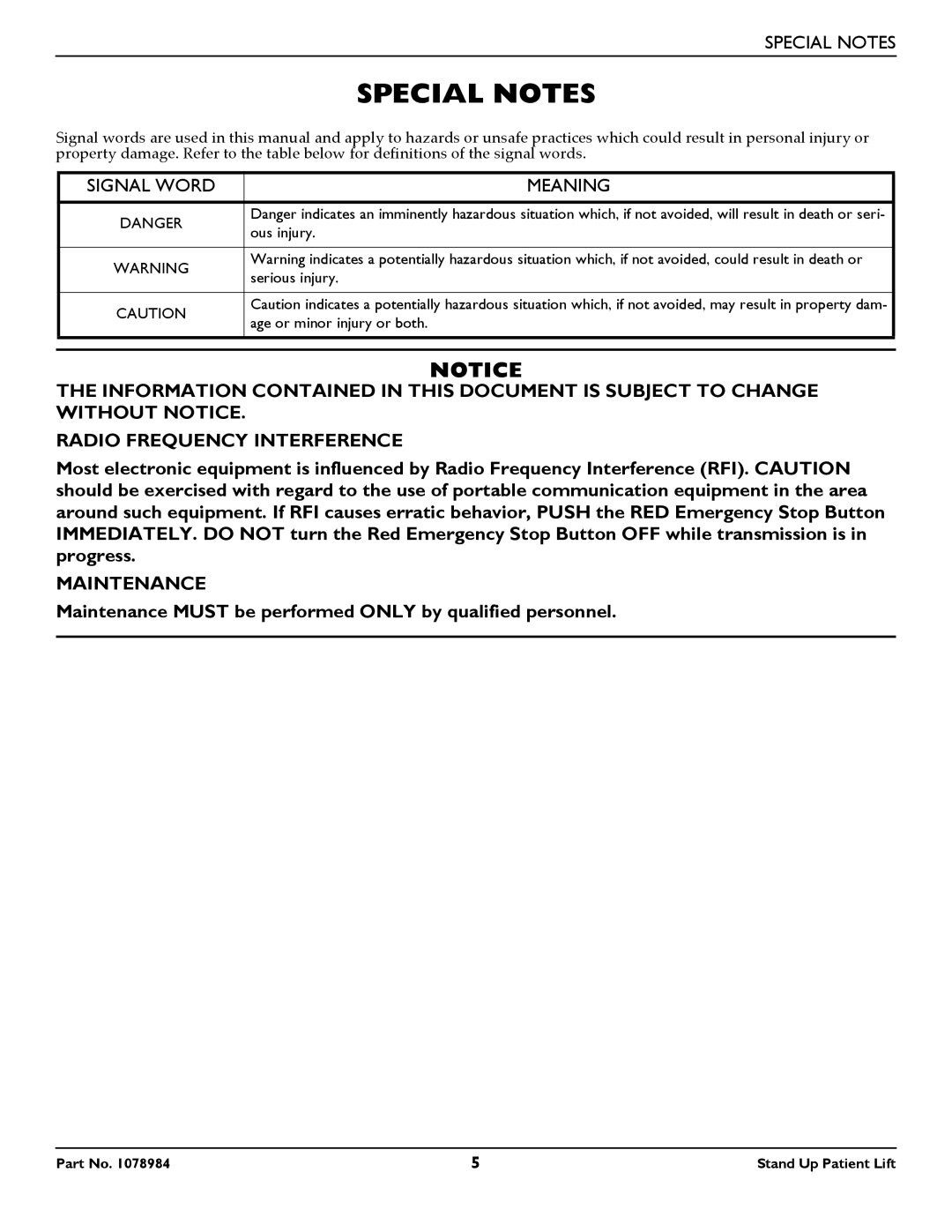 Invacare RPS350-1 user manual Special Notes 