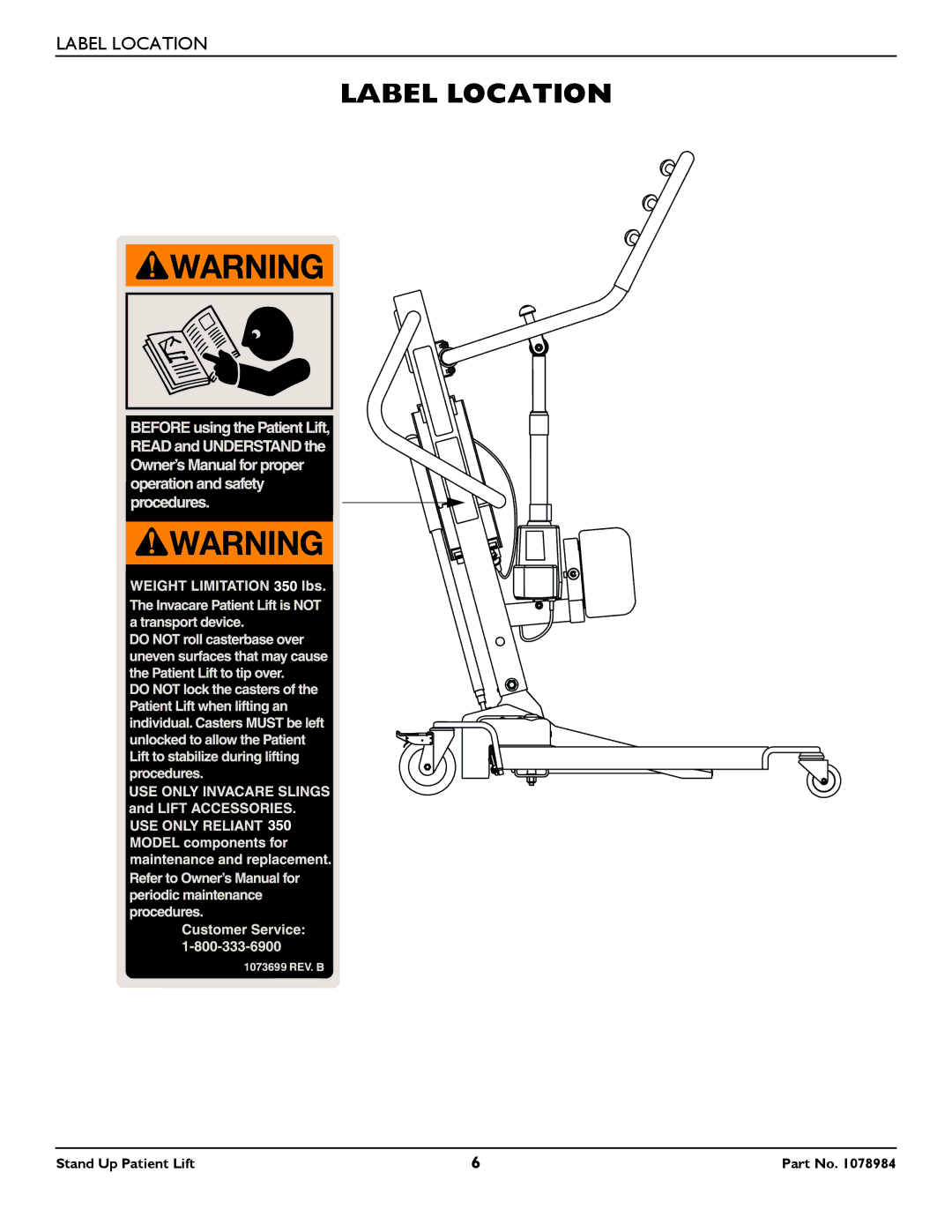 Invacare RPS350-1 user manual Label Location 