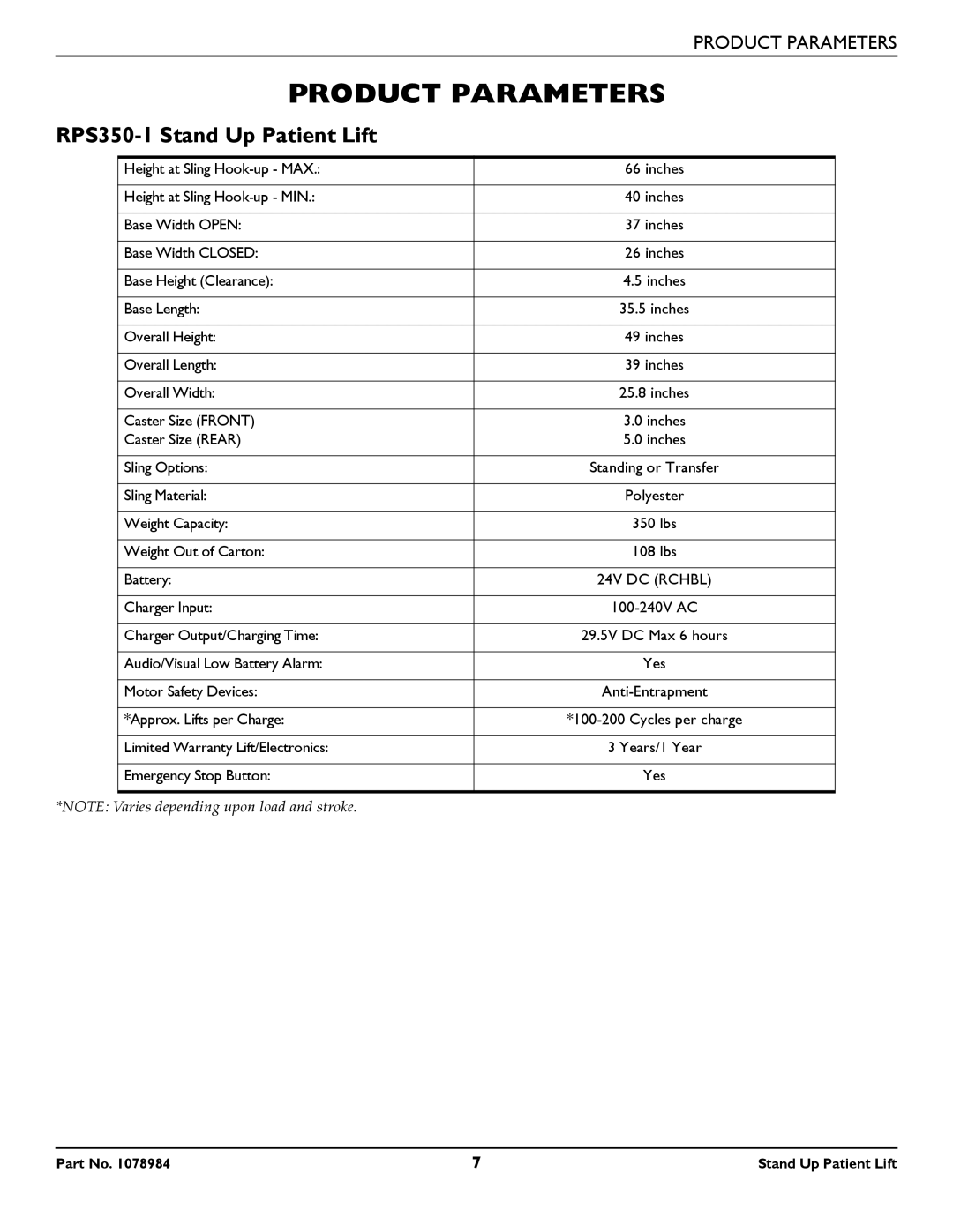 Invacare user manual Product Parameters, RPS350-1 Stand Up Patient Lift 