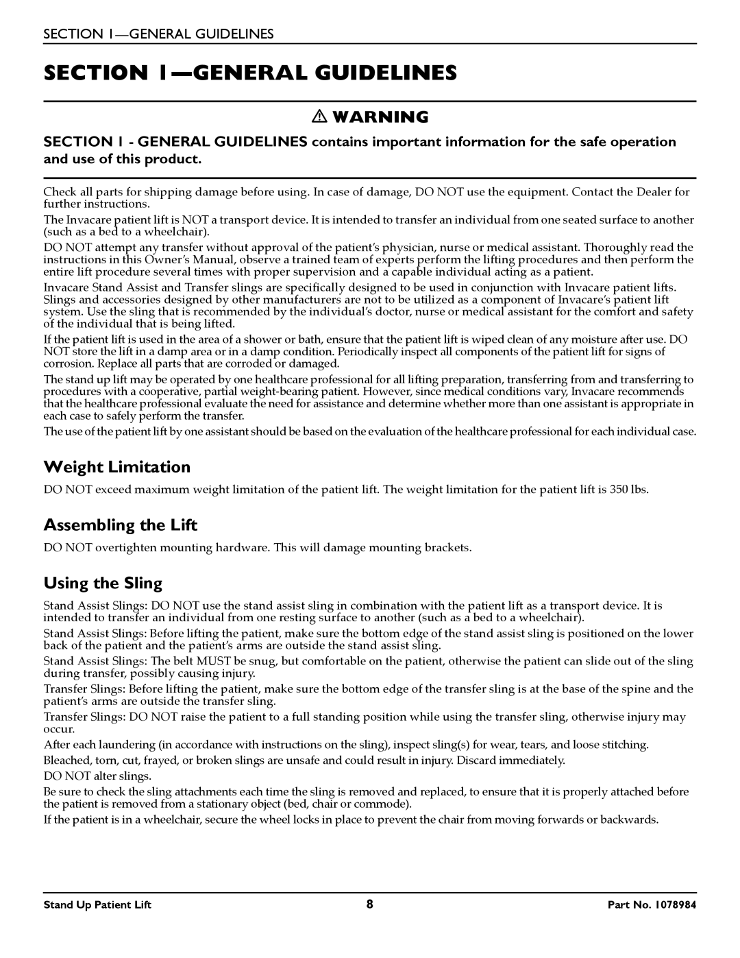 Invacare RPS350-1 user manual General Guidelines, Weight Limitation, Assembling the Lift, Using the Sling 