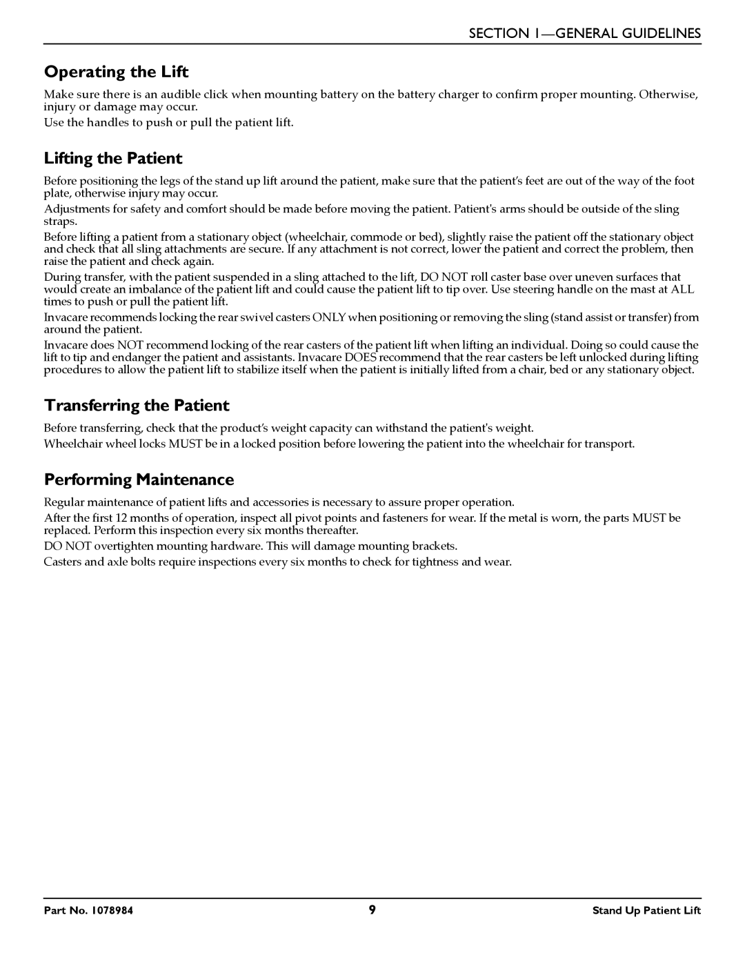 Invacare RPS350-1 user manual Operating the Lift, Lifting the Patient, Transferring the Patient, Performing Maintenance 