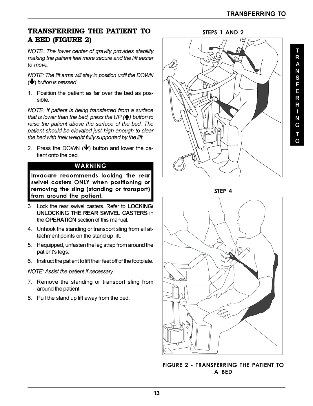 Invacare RPS350-1E manual Transferring the Patient to a BED Figure, Steps 1 