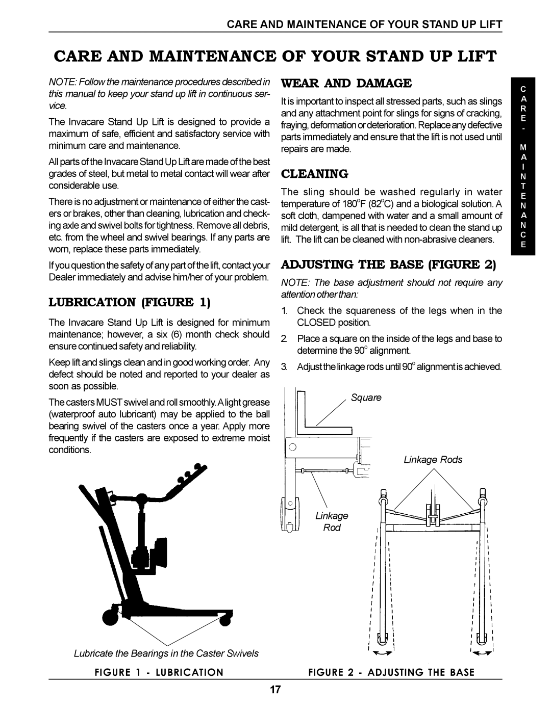 Invacare RPS350-1E manual Care and Maintenance of Your Stand UP Lift, Lubrication Figure, Wear and Damage, Cleaning 