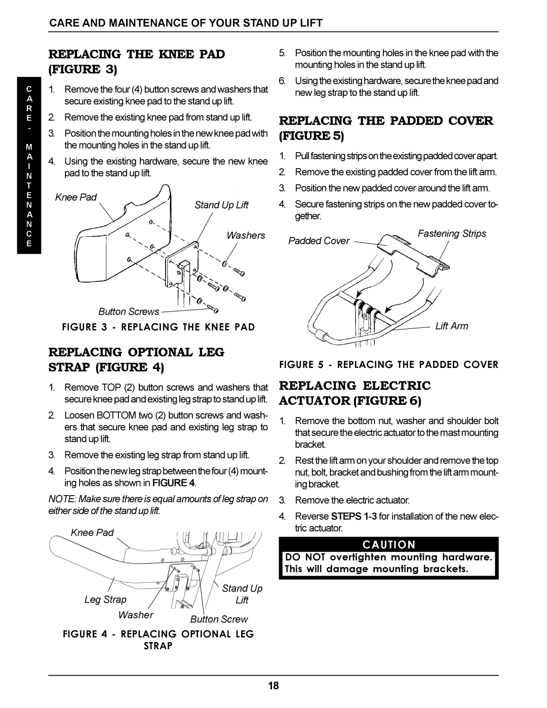 Invacare RPS350-1E Replacing the Knee PAD Figure, Replacing the Padded Cover Figure, Replacing Optional LEG Strap Figure 