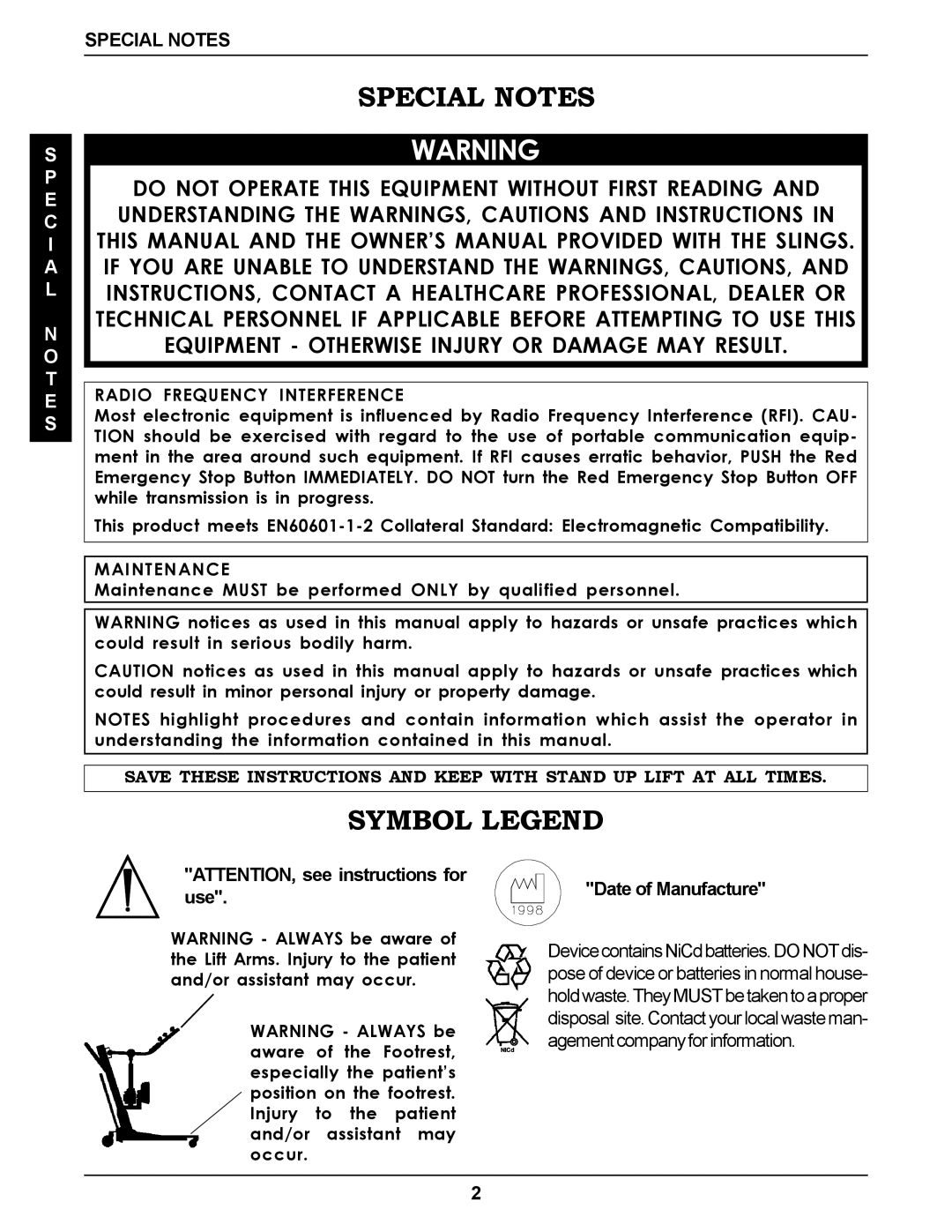 Invacare RPS350-1E manual Special Notes, Symbol Legend, Radio Frequency Interference, Maintenance 