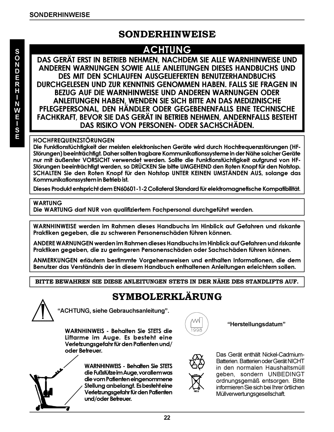 Invacare RPS350-1E manual Sonderhinweise, Symbolerklärung, Hochfrequenzstörungen, Wartung 