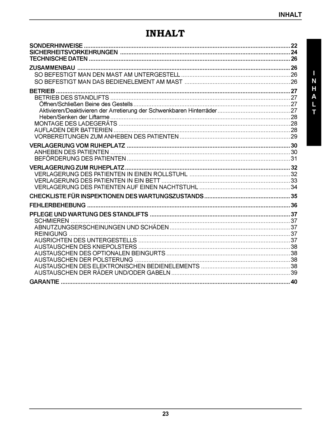 Invacare RPS350-1E manual Inhalt 