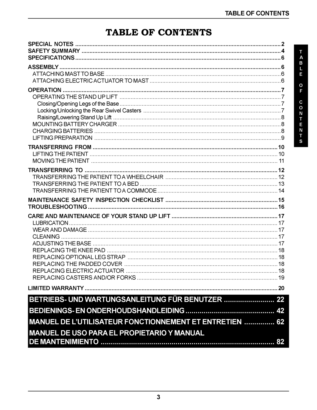 Invacare RPS350-1E manual Table of Contents 