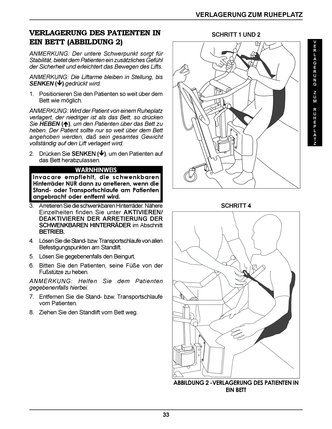 Invacare RPS350-1E manual Verlagerung DES Patienten in EIN Bett Abbildung, Schritt 1 UND 