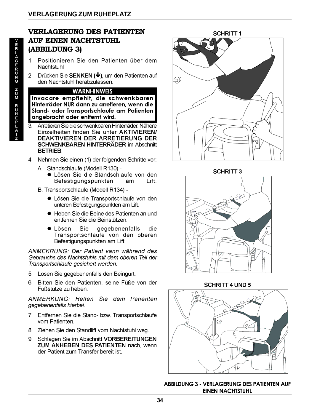 Invacare RPS350-1E manual Verlagerung DES Patienten AUF Einen Nachtstuhl Abbildung, Schritt Schritt 4 UND 