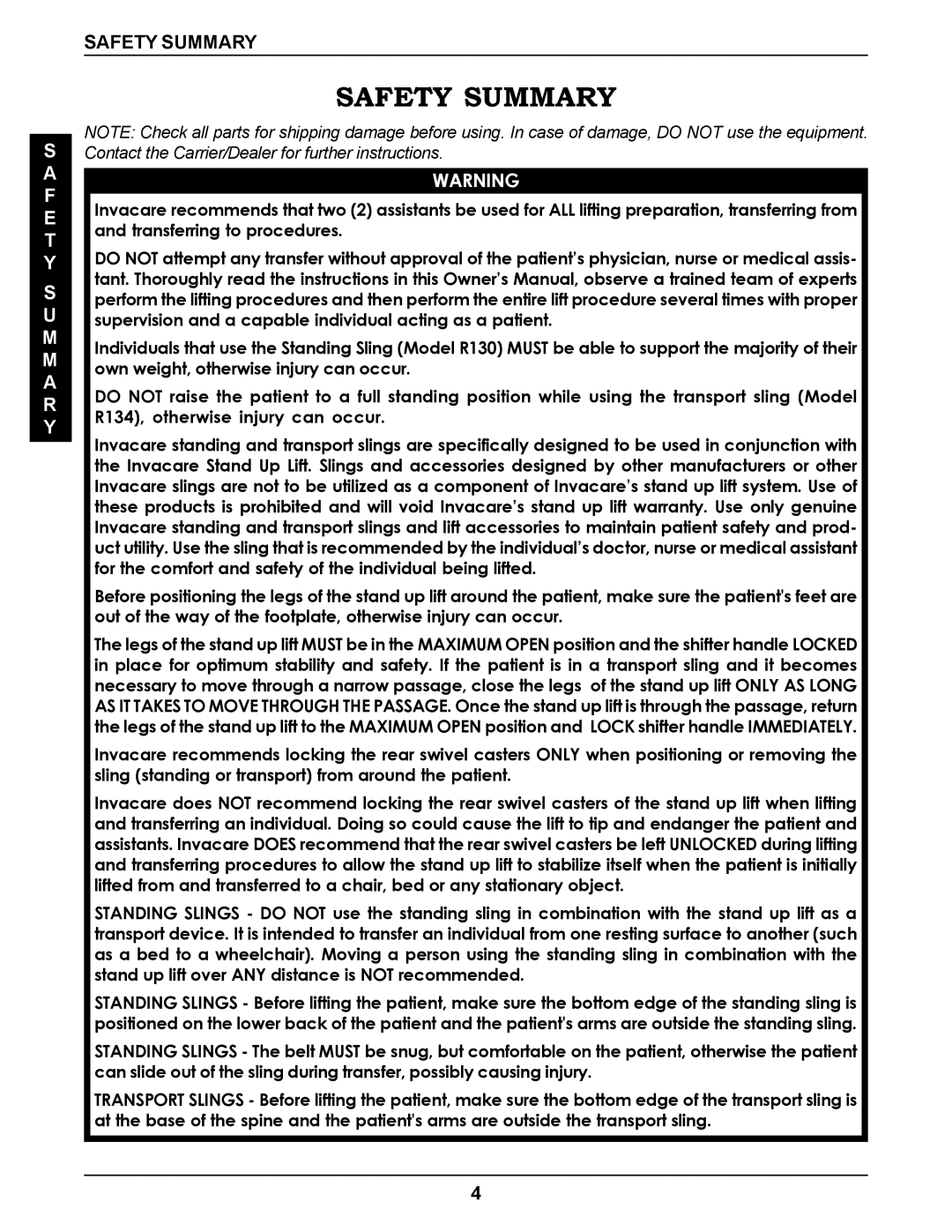 Invacare RPS350-1E manual Safety Summary 