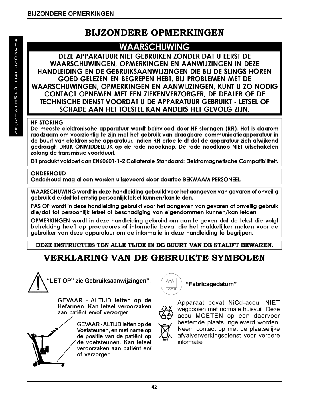 Invacare RPS350-1E manual Bijzondere Opmerkingen, Verklaring VAN DE Gebruikte Symbolen, Onderhoud 