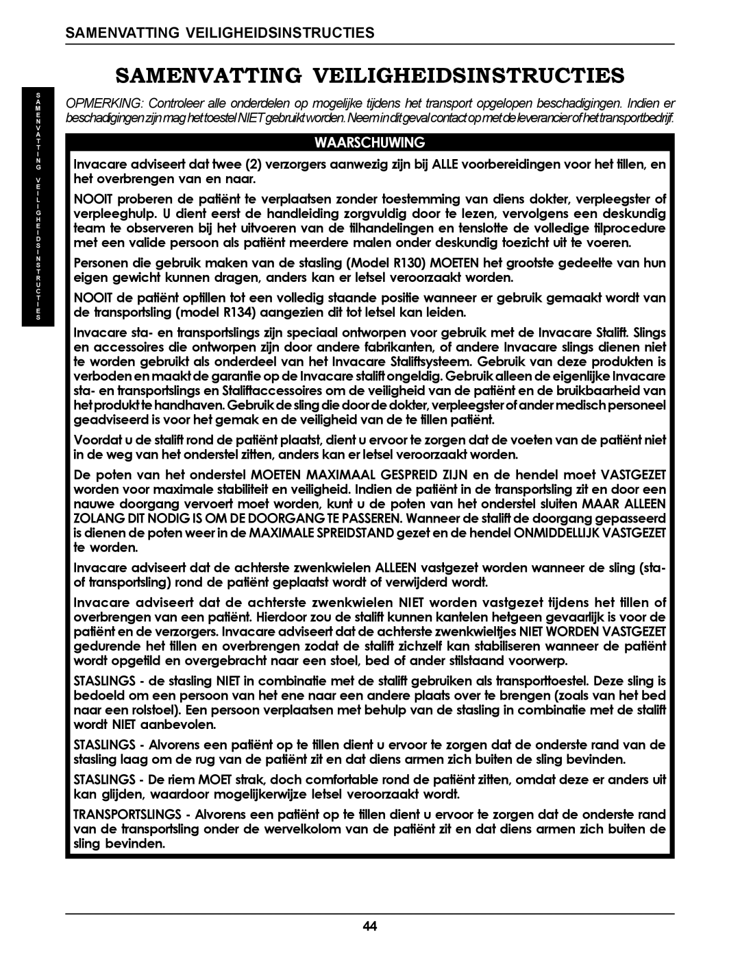 Invacare RPS350-1E manual Samenvatting Veiligheidsinstructies, Waarschuwing 