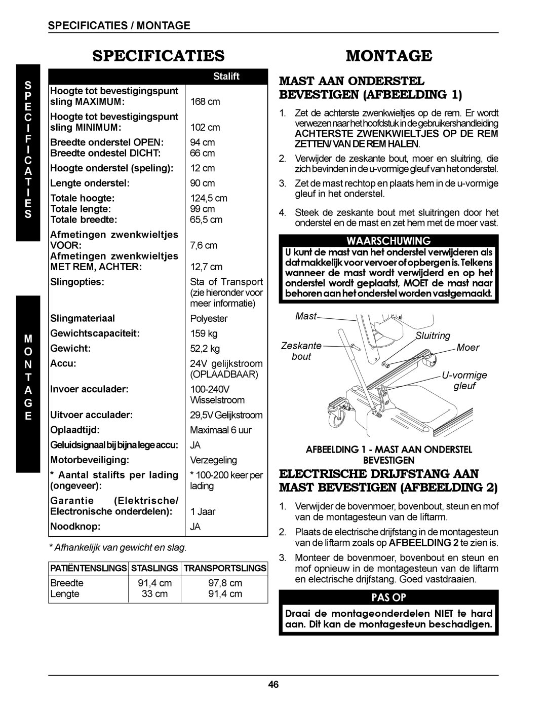 Invacare RPS350-1E manual Specificaties, Montage, Mast AAN Onderstel Bevestigen Afbeelding 