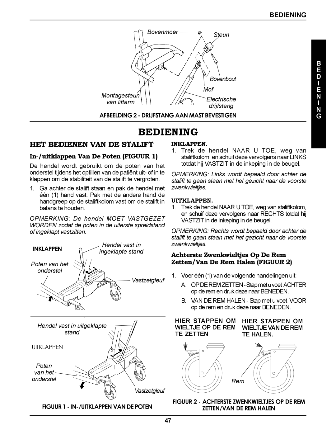 Invacare RPS350-1E manual Bediening, HET Bedienen VAN DE Stalift, In-/uitklappen Van De Poten Figuur 