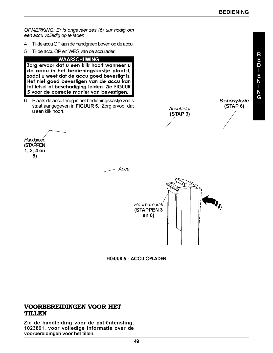 Invacare RPS350-1E manual Voorbereidingen Voor HET Tillen, Stappen, Figuur 5 Accu Opladen 