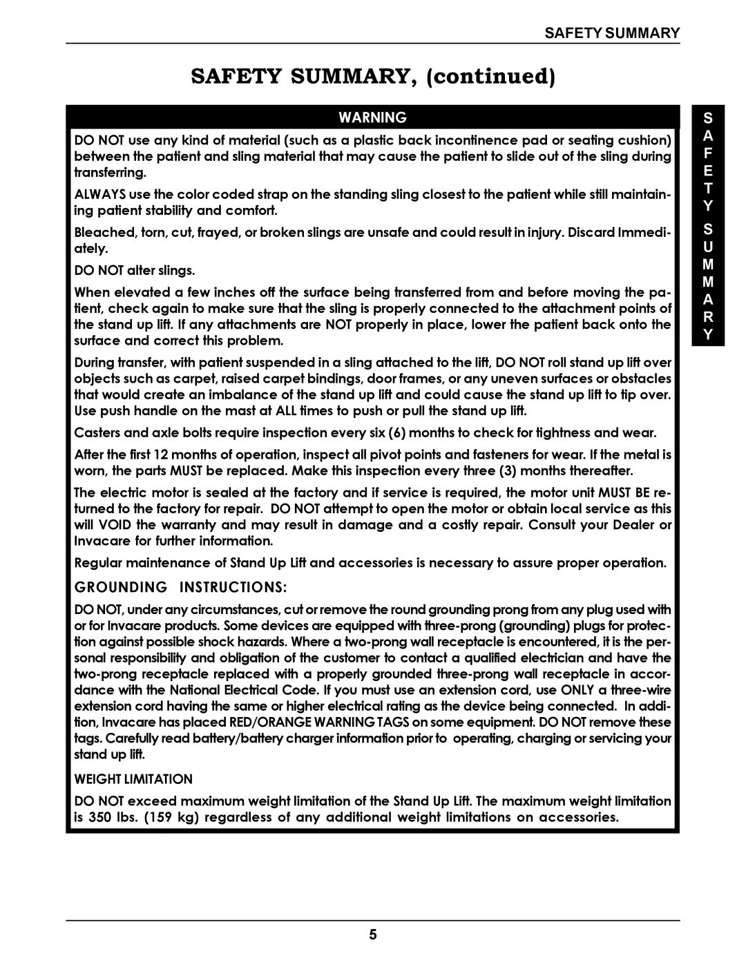 Invacare RPS350-1E manual Safety Summary, Weight Limitation 