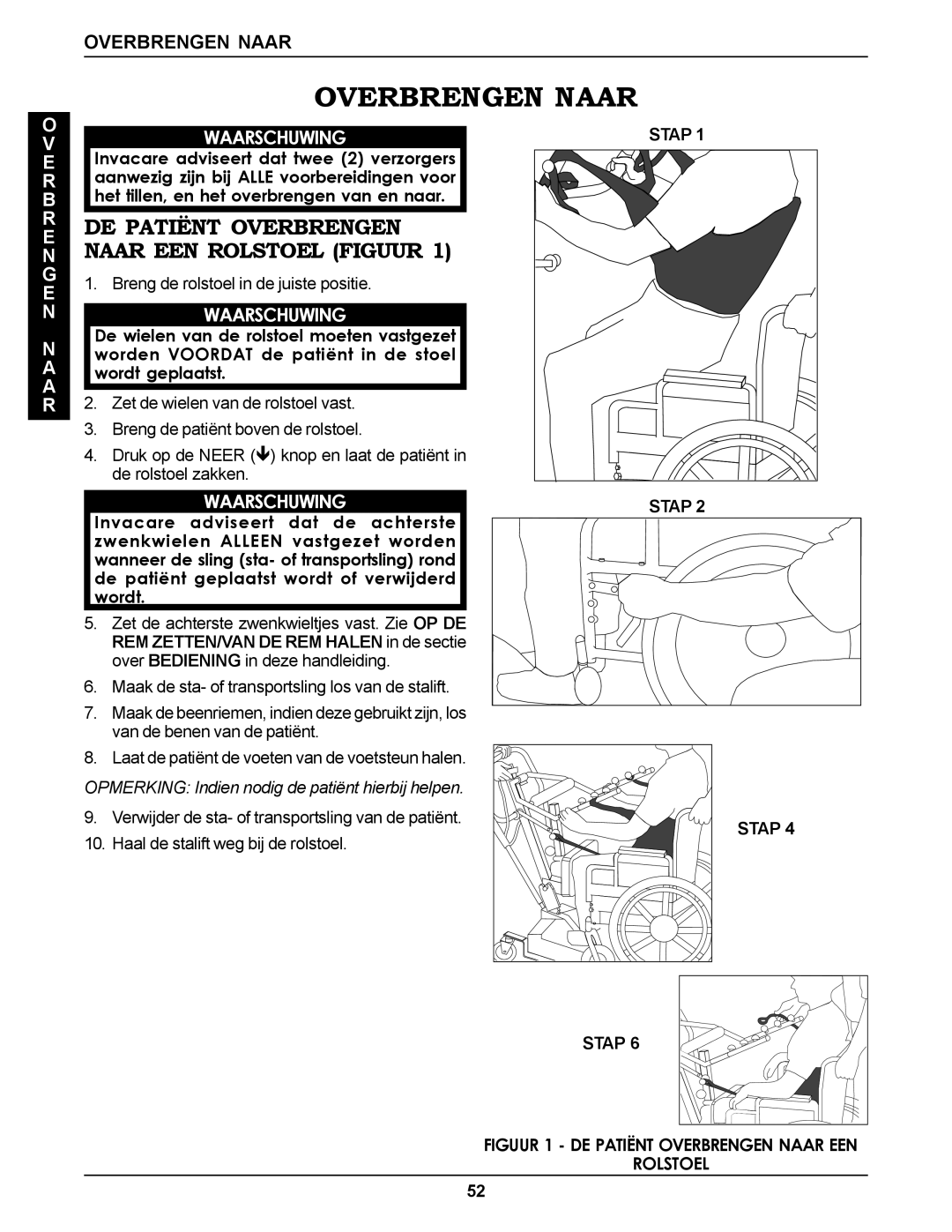 Invacare RPS350-1E manual DE Patiënt Overbrengen Naar EEN Rolstoel Figuur, Breng de rolstoel in de juiste positie 