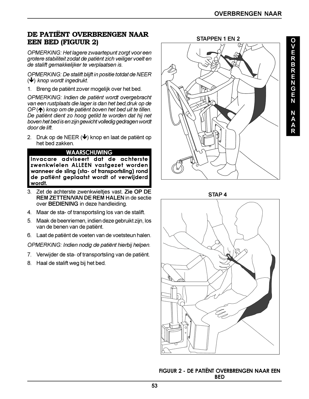 Invacare RPS350-1E DE Patiënt Overbrengen Naar EEN BED Figuur, Breng de patiënt zover mogelijk over het bed, Stappen 1 EN 