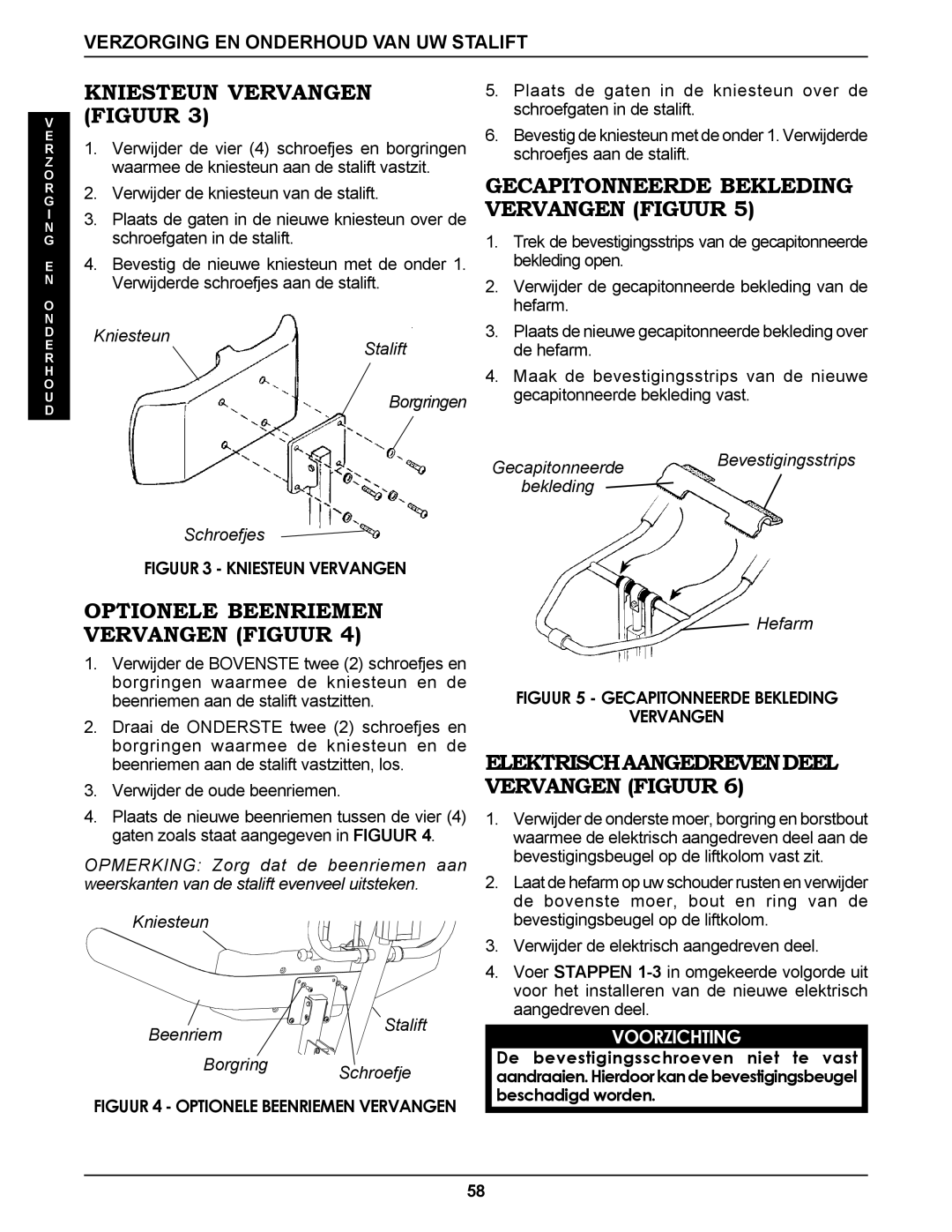 Invacare RPS350-1E manual Kniesteun Vervangen Figuur, Optionele Beenriemen Vervangen Figuur 