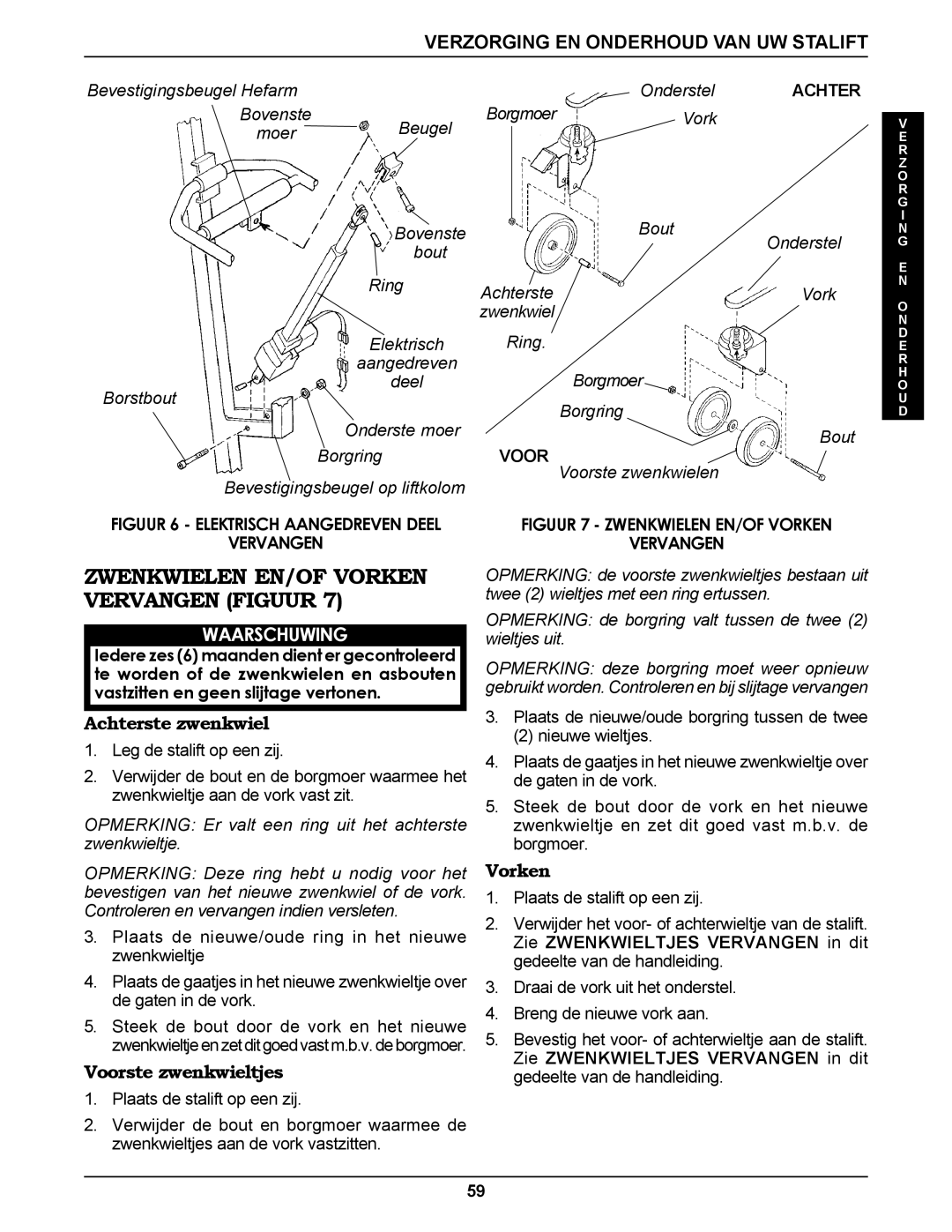 Invacare RPS350-1E manual Zwenkwielen EN/OF Vorken Vervangen Figuur, Achterste zwenkwiel, Voorste zwenkwieltjes 